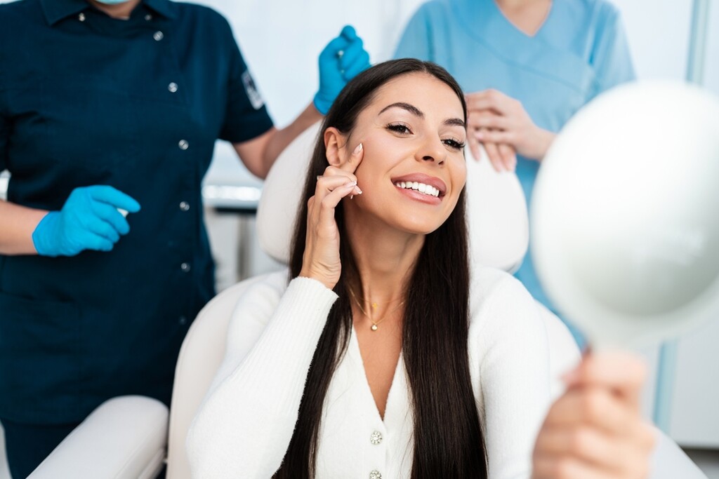 Mulher sorridente se observando no espelho e verificando os resultados da rinoplastia para deixar o nariz reto