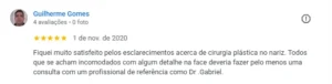 Fiquei muito satisfeito pelos esclarecimentos acerca de cirurgia plástica no nariz. Todos que se acham incomodados com algum detalhe na face deveria fazer pelo menos uma consulta com um profissional de referência como Dr Gabriel.