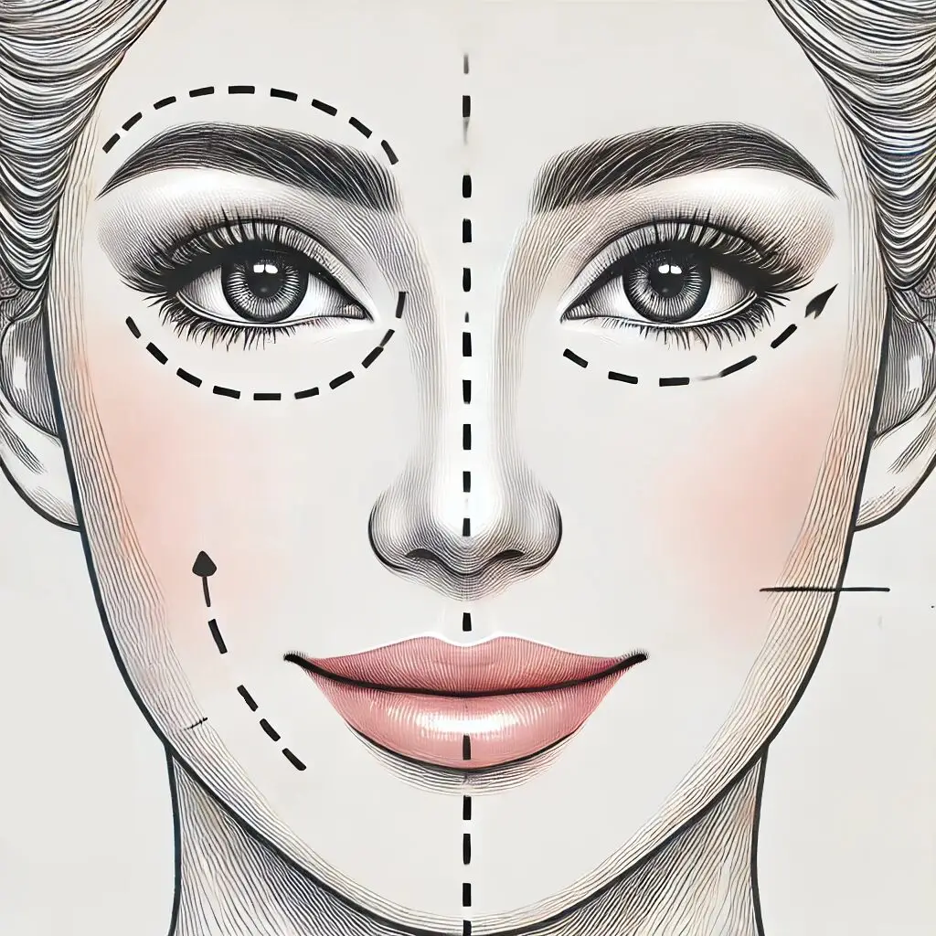 blefaroplastia-areas-envolvidas Gráfico explicativo da blefaroplastia mostrando áreas da pálpebra superior e inferior.